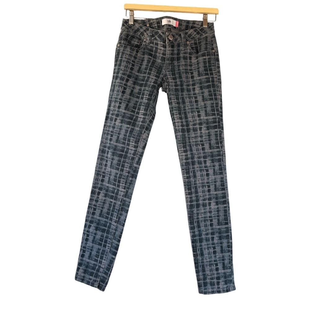 CAbi Women's Curvy Skinny Fit Jeans Mid Rise Stretch Tie Dye Grid Blue/Gray Sz 2